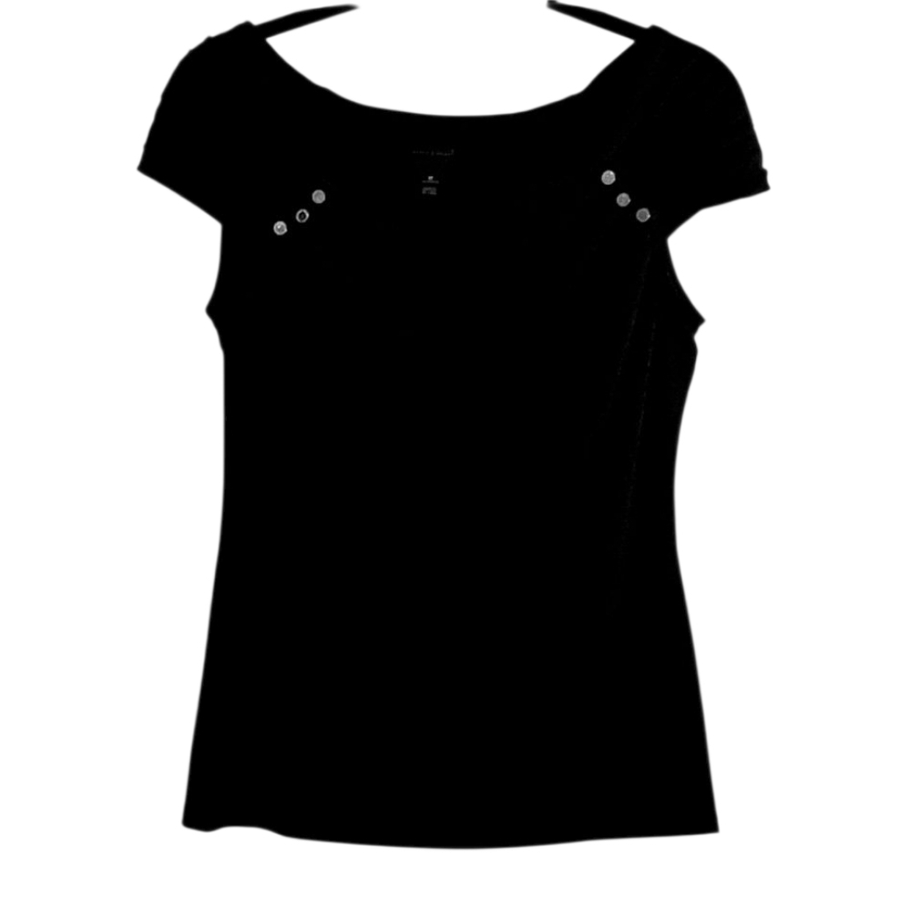 White House Black Market Black Cap Sleeve T-Shirt With Decorative Buttons Size M - Picture 3 of 7